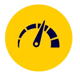 Ícone de velocímetro em círculo amarelo representando o monitoramento de velocidade em tempo real e alertas de excesso da Cellblock.