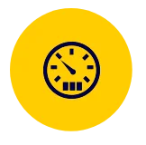 Ícone de velocímetro/odômetro em círculo amarelo, representando o controle de quilometragem percorrida pelo sistema da Cellblock.