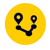 Ícone de rota e pontos de destino em círculo amarelo, representando o relatório de trajeto e histórico de percurso da Cellblock.