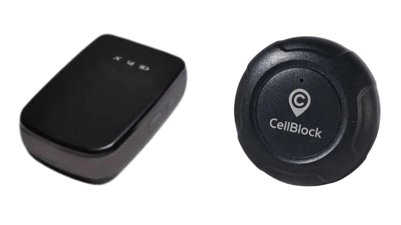 Dois modelos de dispositivos de rastreamento portátil da CellBlock, um em formato retangular e outro circular, ideais para segurança pessoal e localização de ativos.