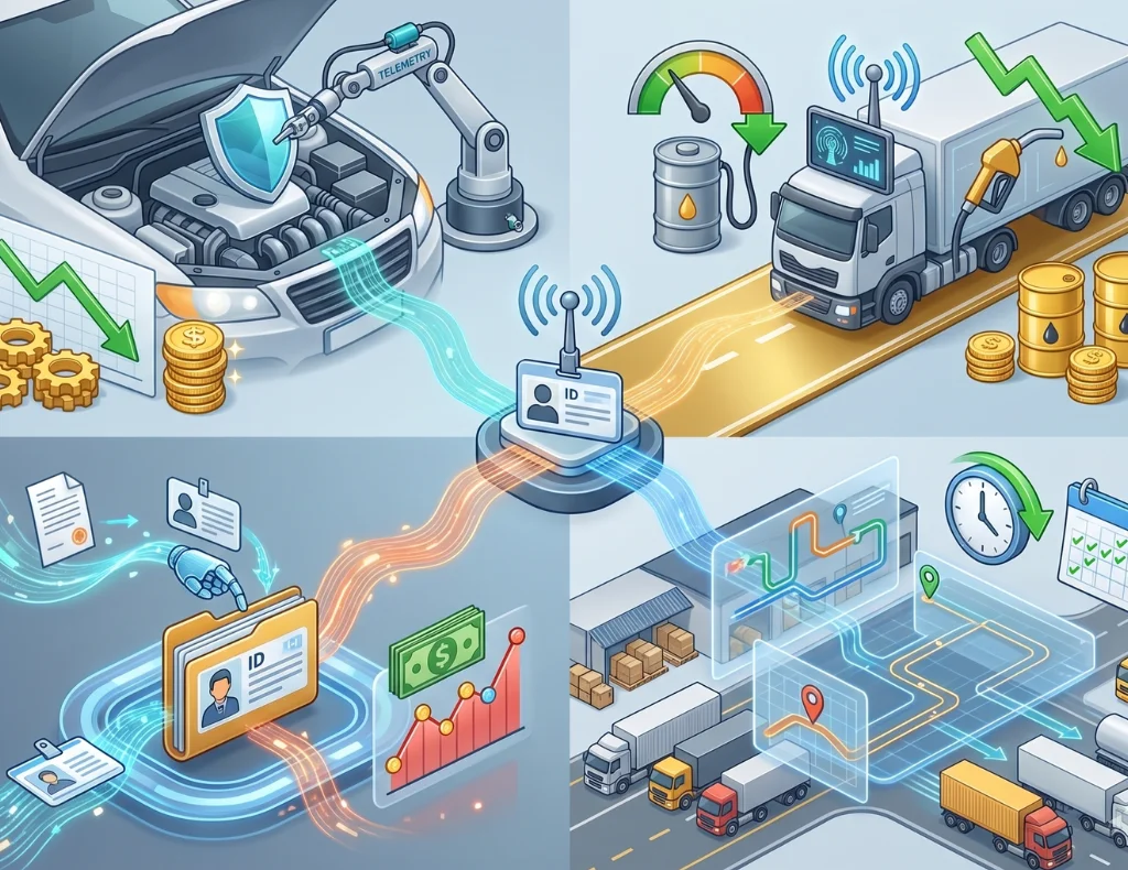 Infográfico detalhando os benefícios da telemetria avançada: economia de combustível, manutenção, gestão de multas e aumento de produtividade da frota.