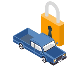 Ilustração de picape e cadeado representando o sistema de cercas eletrônicas com alertas de evasão da Cellblock.