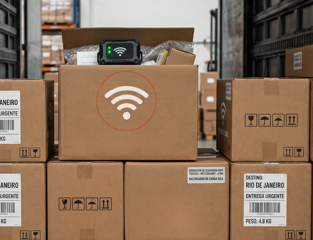 Exemplo de dispositivo de isca de carga instalado discretamente dentro de uma caixa de mercadoria para rastreamento independente.