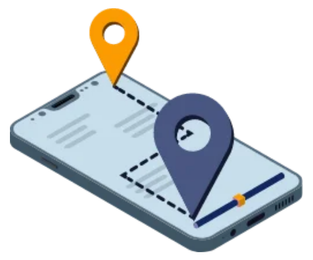 Gráfico de smartphone e pins de localização representando o controle de quilometragem e rotas da Cellblock.