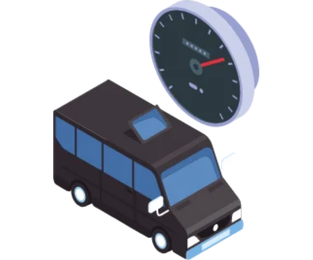 Ilustração de veículo e velocímetro representando o controle de velocidade com alerta configurável da Cellblock.