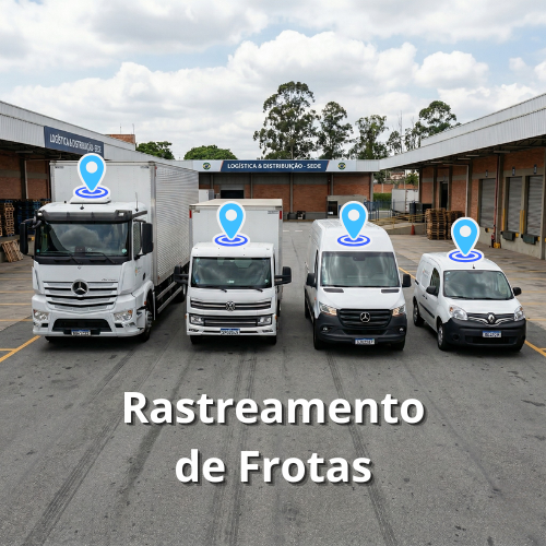 Fila de veículos comerciais de diferentes tamanhos, de vans a caminhões, com pinos de localização GPS para o serviço de rastreamento de frotas.