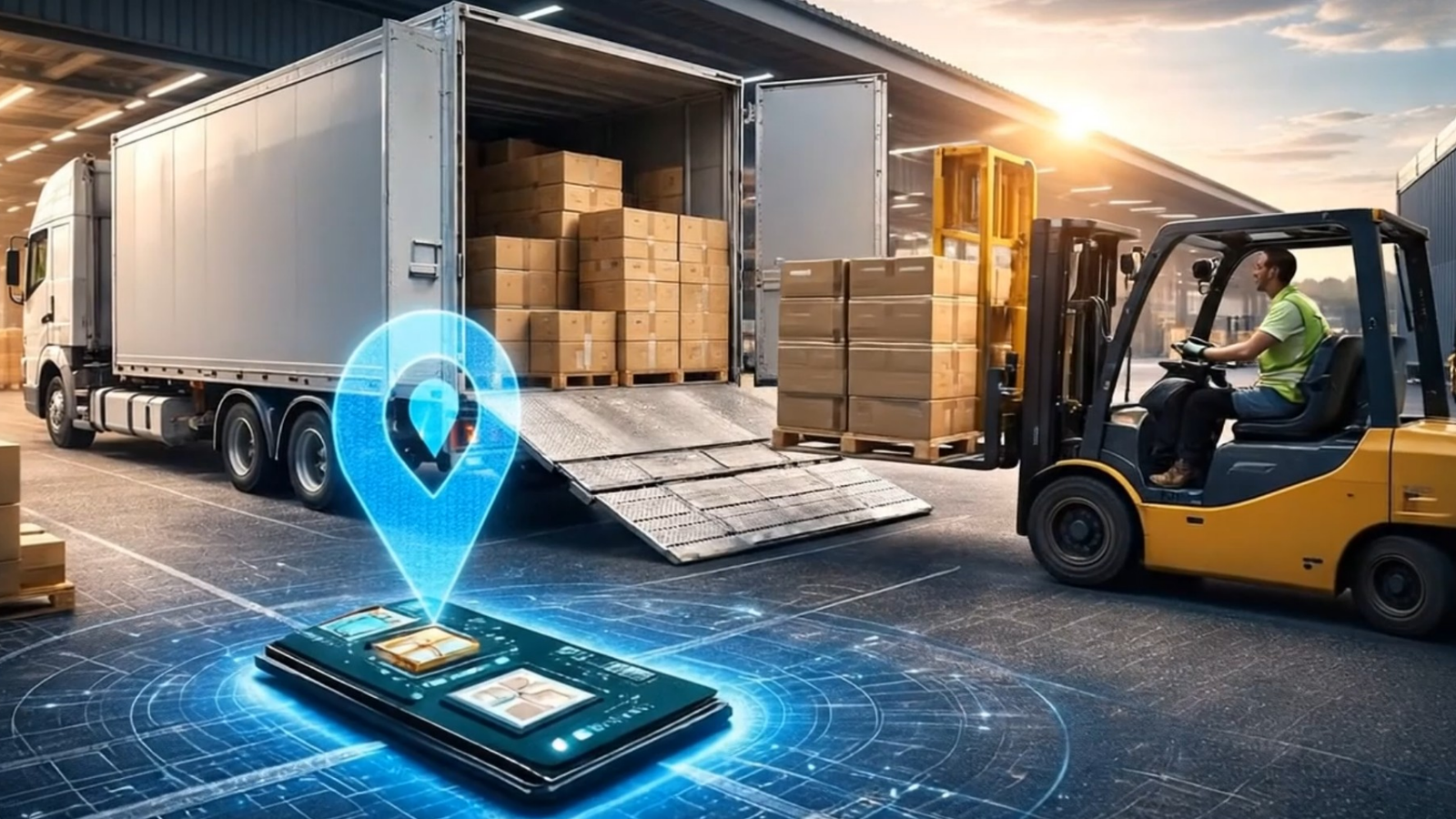 Operação de carregamento de caminhão com destaque digital para isca de carga escondida entre mercadorias, garantindo rastreamento e recuperação