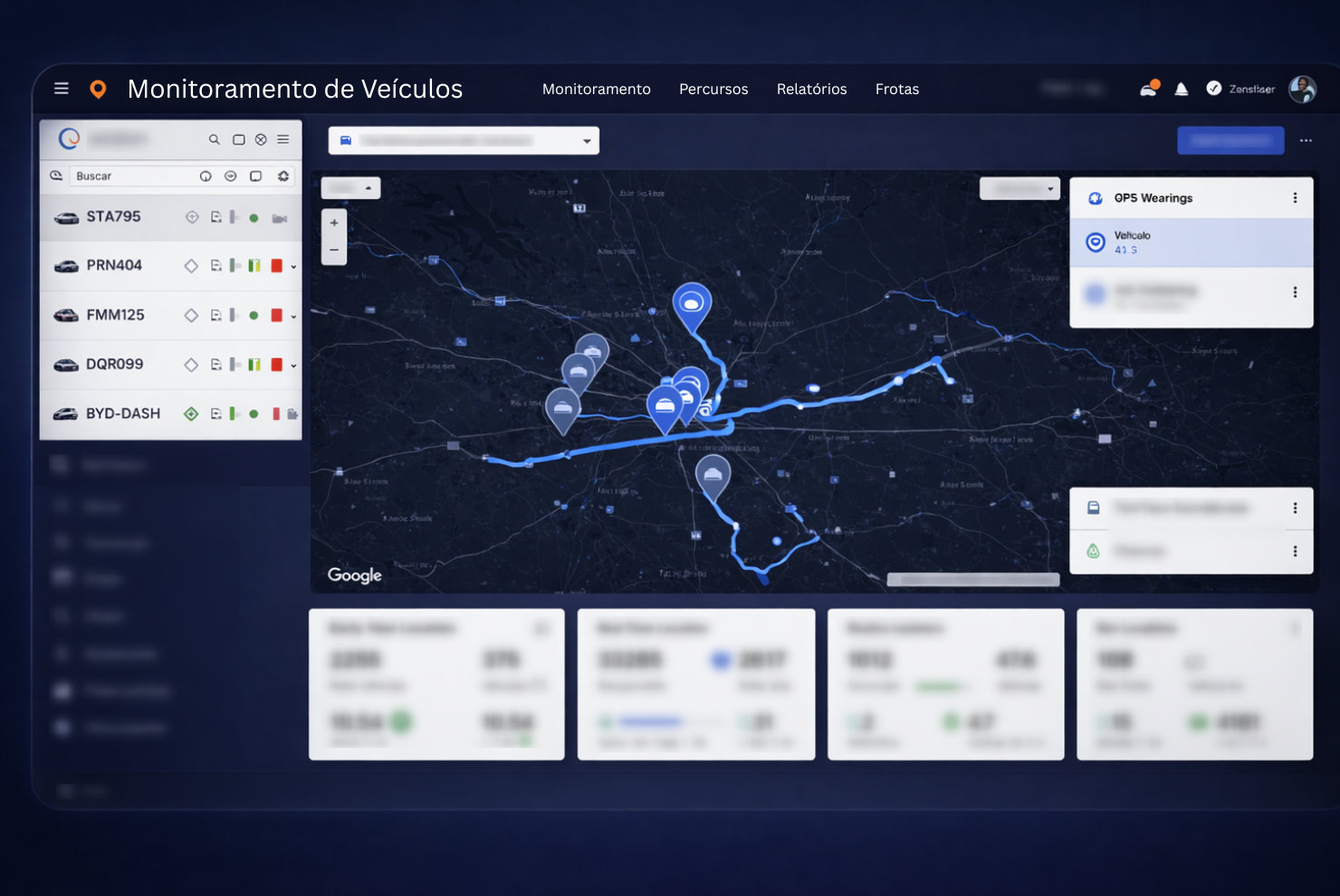 Tela do software de monitoramento veicular da Cellblock mostrando mapa em tempo real com diversos veículos rastreados e dashboard de telemetria.