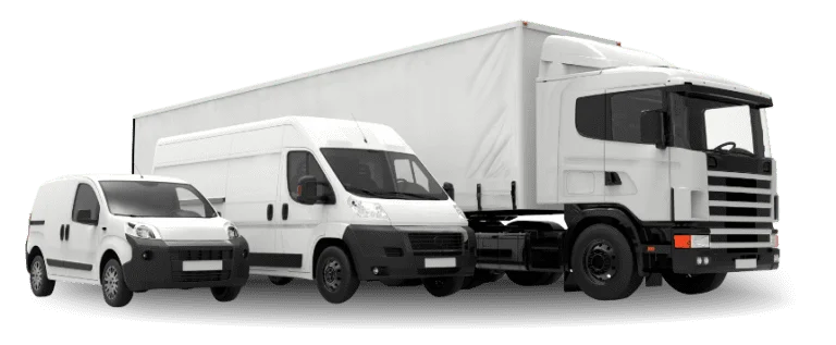 Conjunto de veículos (furgão, van e caminhão) representando a abrangência das funcionalidades do sistema de gestão de frota da Cellblock.