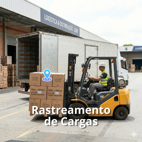 Operador logístico utilizando empilhadeira para carregar caminhão, ilustrando o sistema de rastreamento de cargas e monitoramento da Cellblock