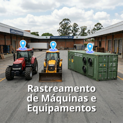 Tratores e gerador de energia com ícones de localização, representando o sistema de rastreamento de máquinas e equipamentos pesados da Cellblock