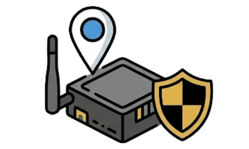 Ícone de rastreador com escudo representando a redução de perdas ao monitorar a carga fora do veículo.