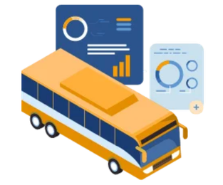 Ilustração de ônibus e gráficos representando o relatório de histórico de trajeto e rotas percorridas da Cellblock.