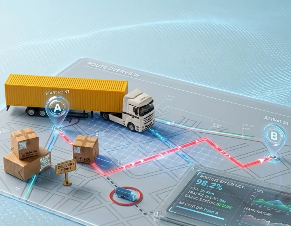 Ilustração 3D de um caminhão em rota logística otimizada entre pontos A e B, representando o sistema de roteirização e aplicativo para motoristas da Cellblock.