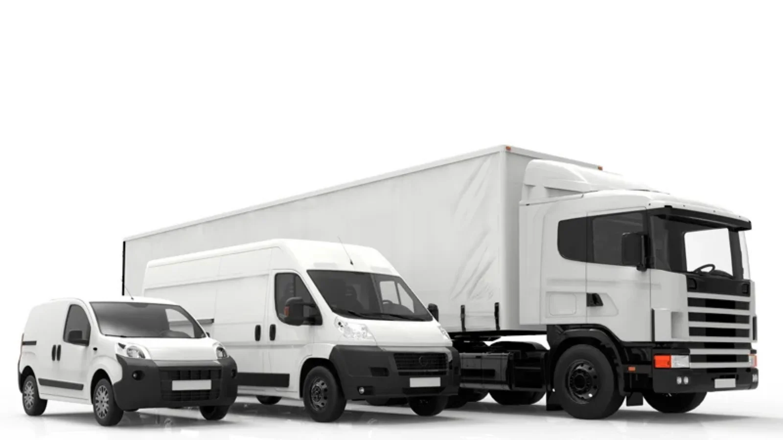 Caminhão, furgão e van comercial brancos alinhados, representando a ampla gama de veículos atendidos pelo rastreamento veicular da Cellblock.