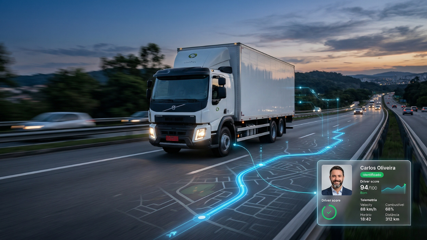 Caminhão branco em rodovia com interface digital de telemetria exibindo dados do motorista e percurso em tempo real.