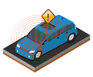Ilustração de veículo com sensores de alerta representando o sistema de vídeo telemetria e sensor de fadiga da Cellblock.