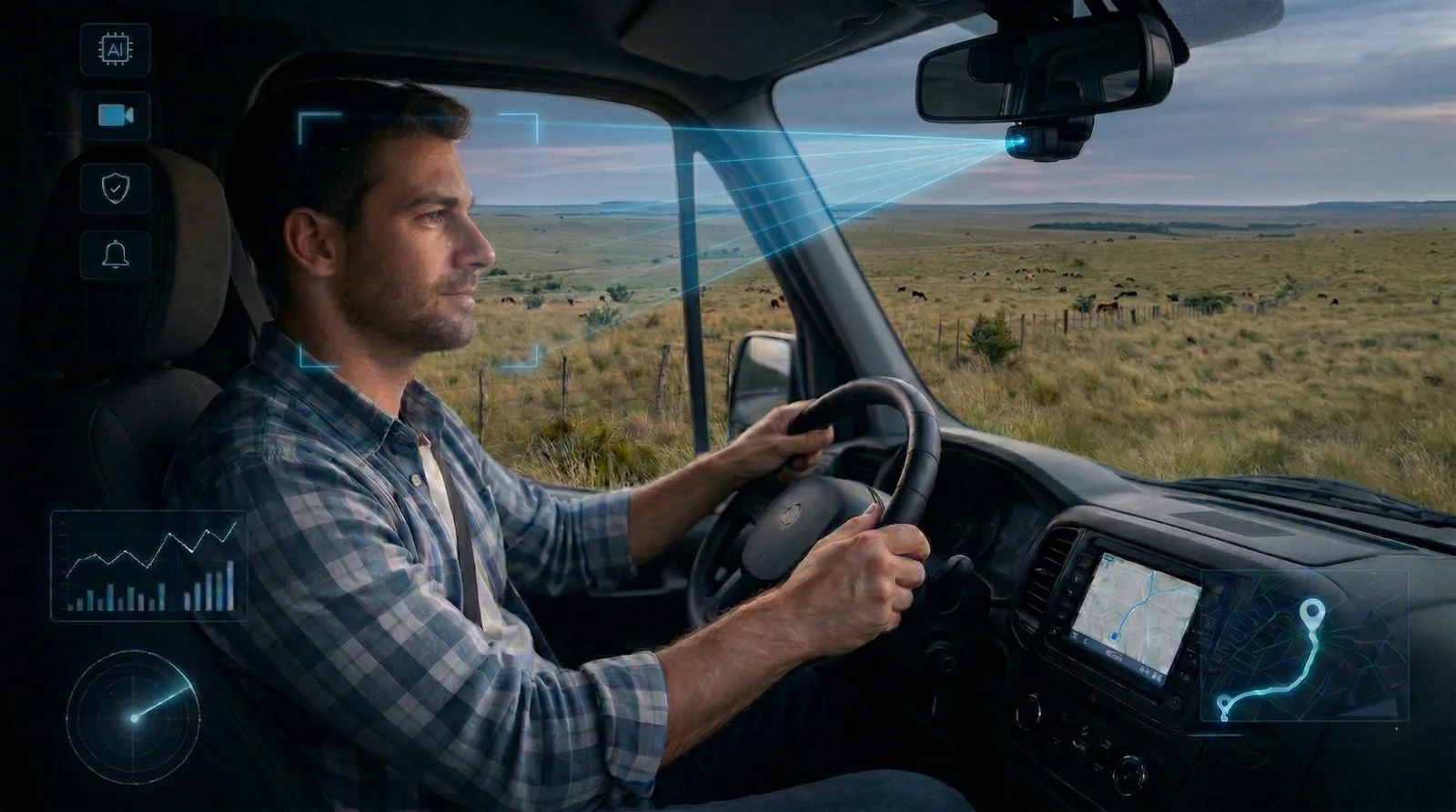 Visão interna de motorista dirigindo com sistema de videomonitoramento inteligente da Cellblock, destacando a câmera dashcam com inteligência artificial.